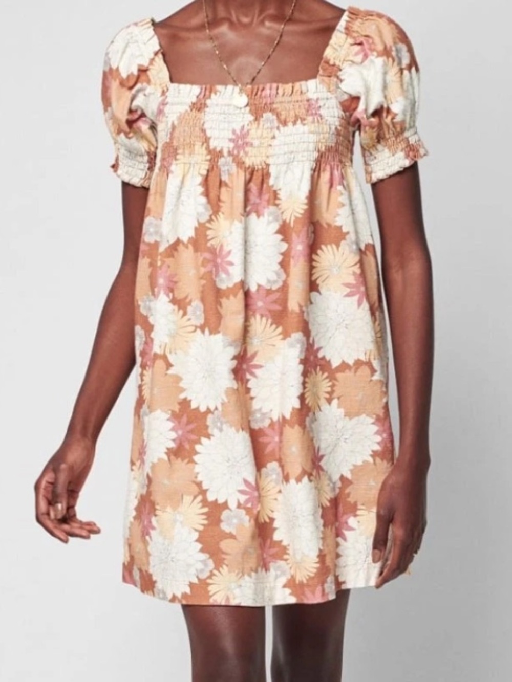 Faherty Ramona Cream Peach and Tan Floral Print Smocked Mini Dress